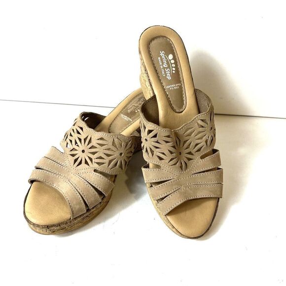 Spring Step Sandals Womens EU 41 US 10.5 Wedge Tan Cutout Leather Casual Slip On - Picture 4 of 10